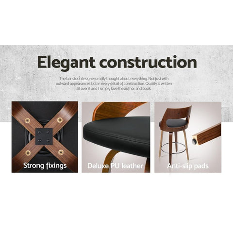 2xArtiss Wooden Bar Stools Swivel Bar Stool Kitchen Dining Chair Cafe Black 76cm