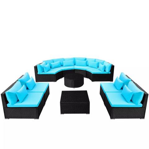 POLY RATTAN GARDEN SOFA SET WITH SUN LOUNGERS - BLUE - Loungeout